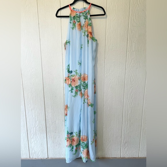 B by CHETTA B ~ Cute Blue/White Striped Maxi Dress with Floral Print ~ Size 16 - Picture 5 of 6